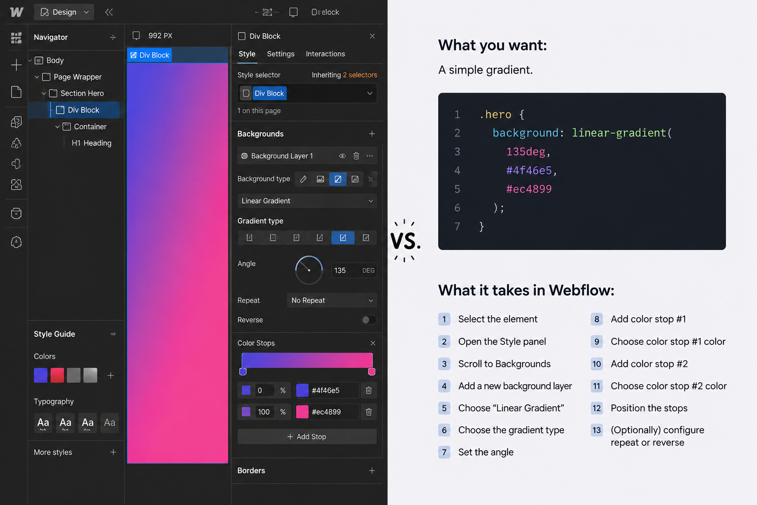 Webflow interface showing the multiple steps required to add a linear gradient compared to a simple, direct CSS code snippet.