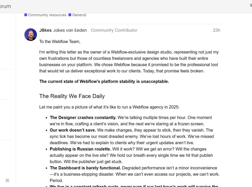 Webflow issues, Open Letter