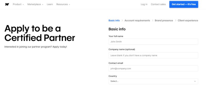 Webflow partner program, application