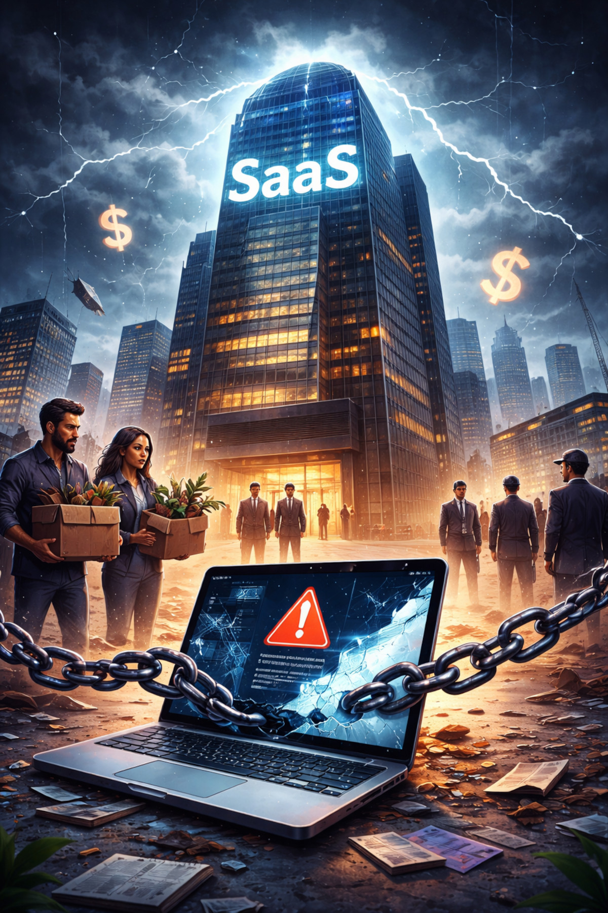 A chained laptop with a broken screen showing a red warning sign in front of a giant corporate SaaS skyscraper under a stormy lightning sky with floating dollar signs, while laid-off employees carry boxes.