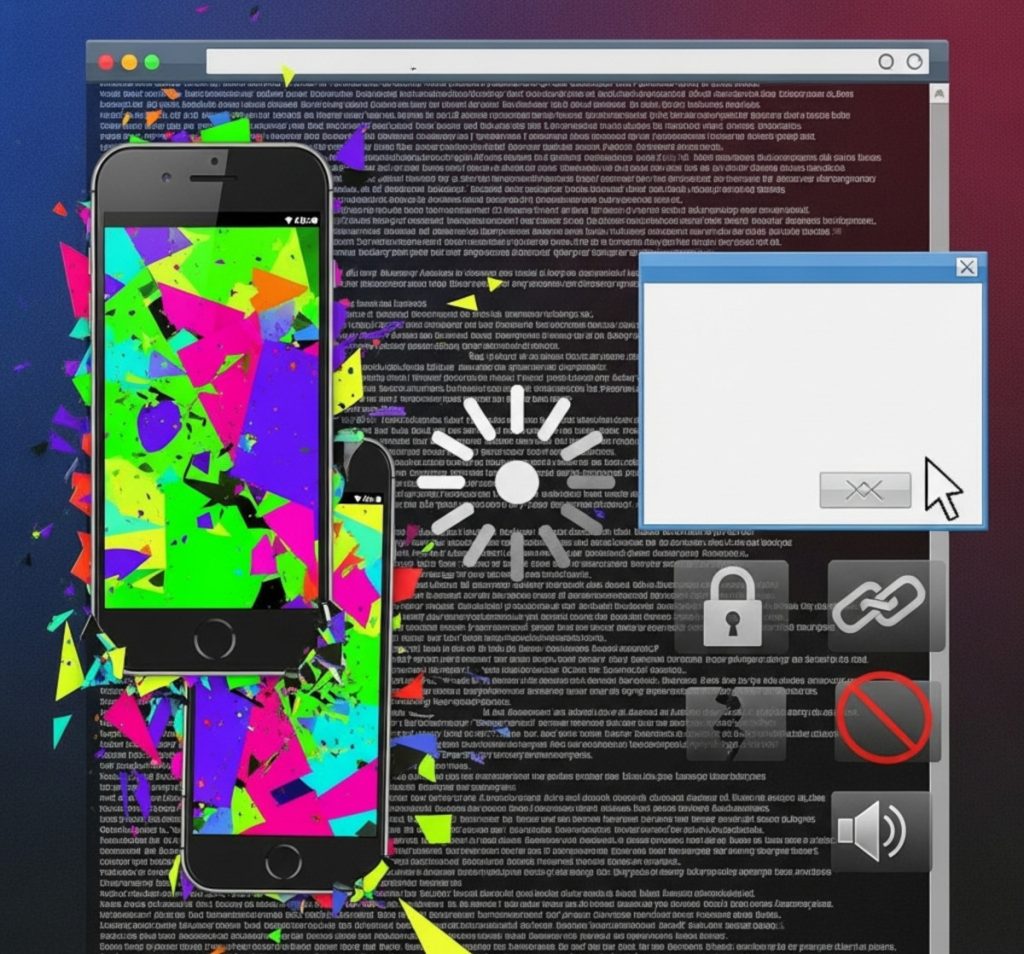 Website design elements that make website feel off: neon colors, clashing colors, no ssl, popups that are hard to close, broken links, slow-loading, autoplay on videos, wall of text without any structure