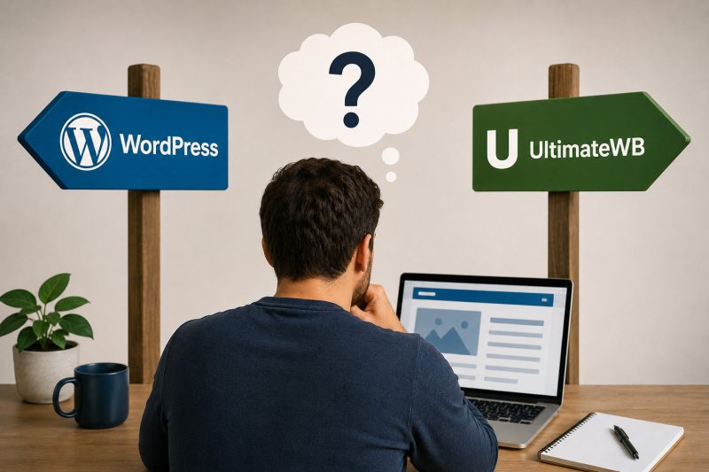 Person in front of laptop, contemplating which website builder to choose, WordPress vs UltimateWB