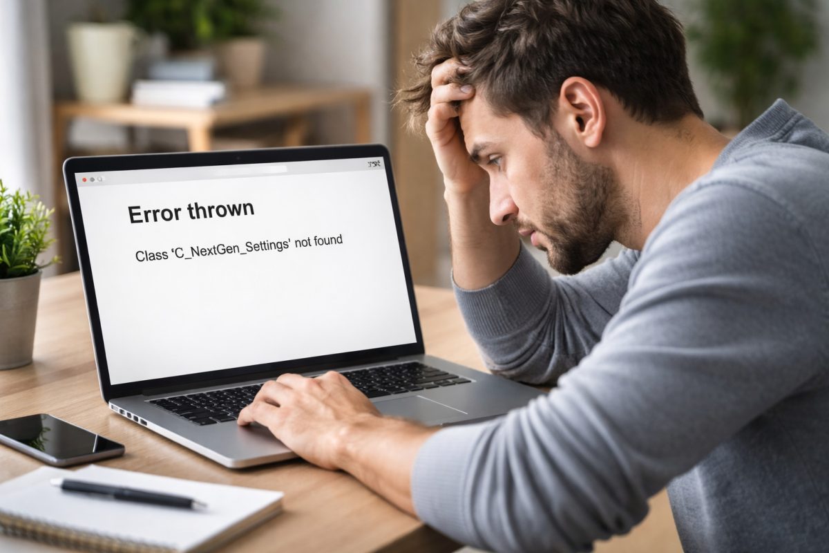 White screen with just the error message: Error thrown, Class 'C_NextGen_Settings' not found