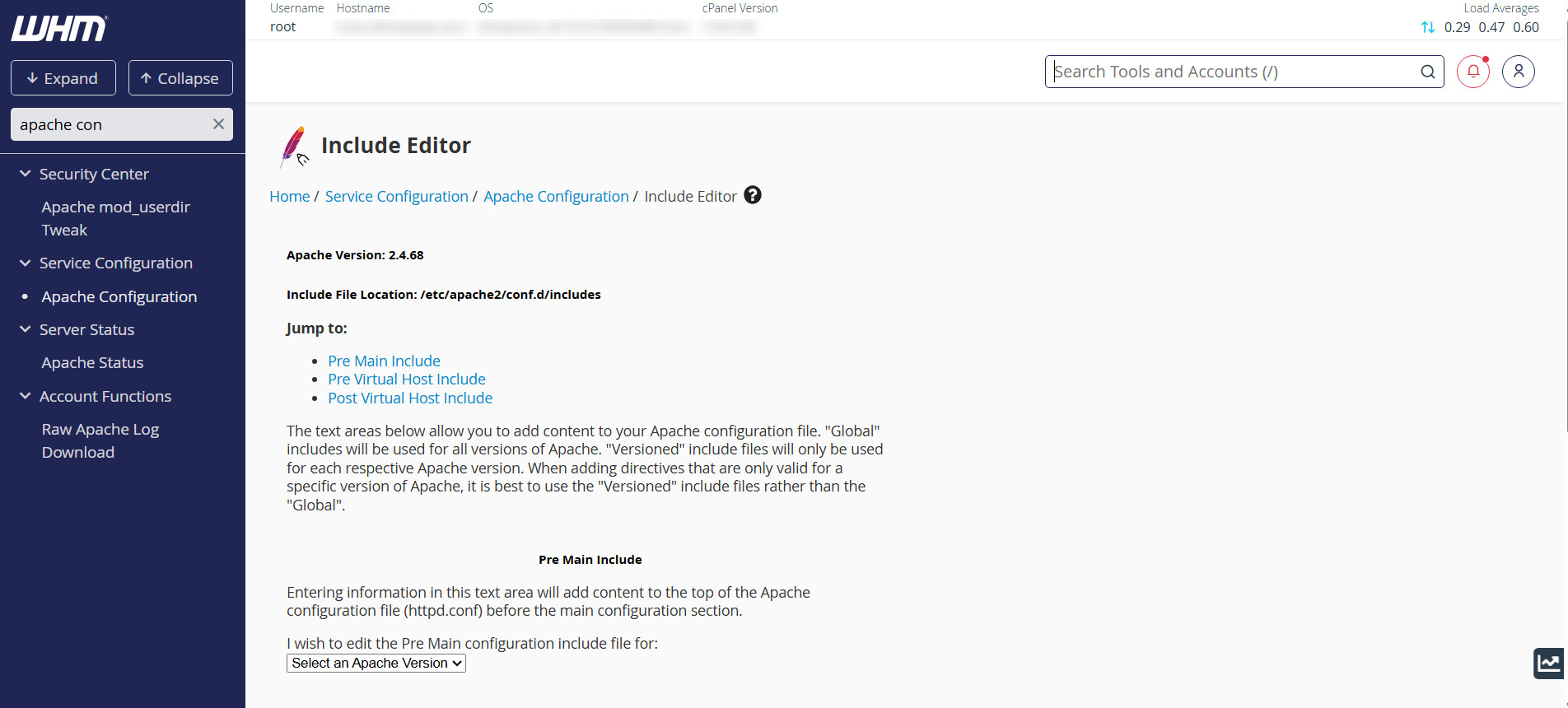 WHM Apache Server Configuration, Include Editor, setting global rules