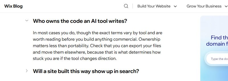 Wix blog says to check for portability when using an AI tool, so you can export the code.