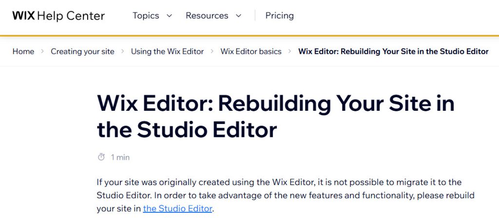 Wix help center states that upgrading from Wix Editor to Wix Studio Editor requires you to build a new website from scratch