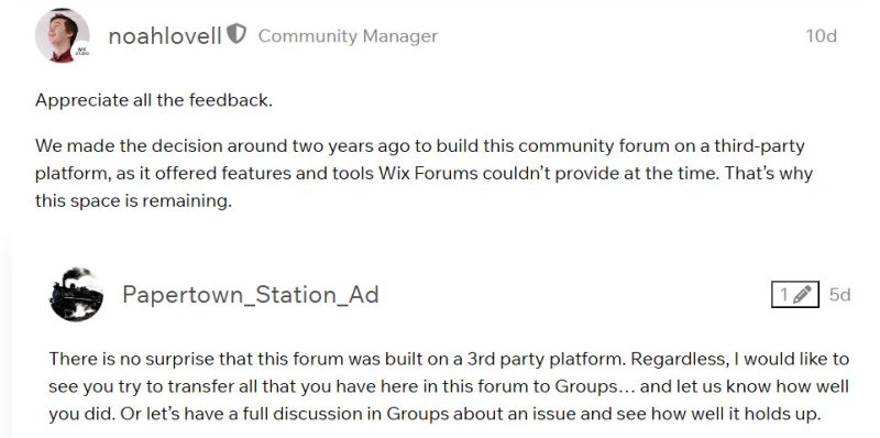 Wix forum comments and complaints on Wix removing the Forum app from Wix user websites