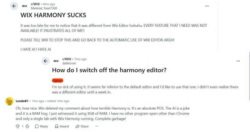 Wix Harmony complaints on Reddit