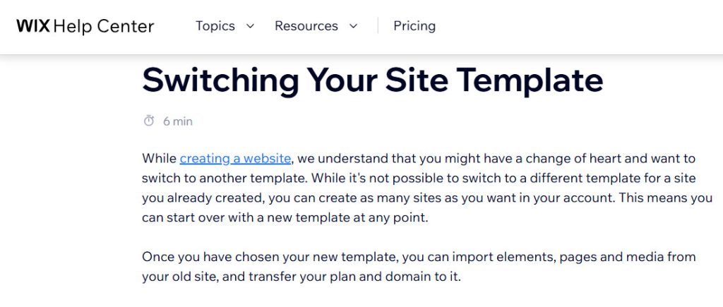 Wix Help Center: choosing new design means having to rebuild your website all over