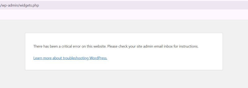 WordPress blog admin panel, widgets page, default critical error message