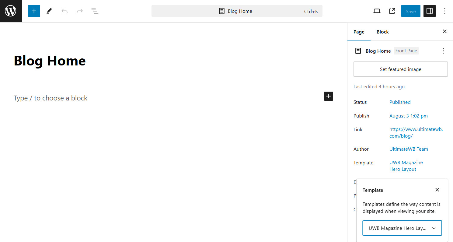 WordPress, choose your page template, UltimateWB layouts listed in the menu