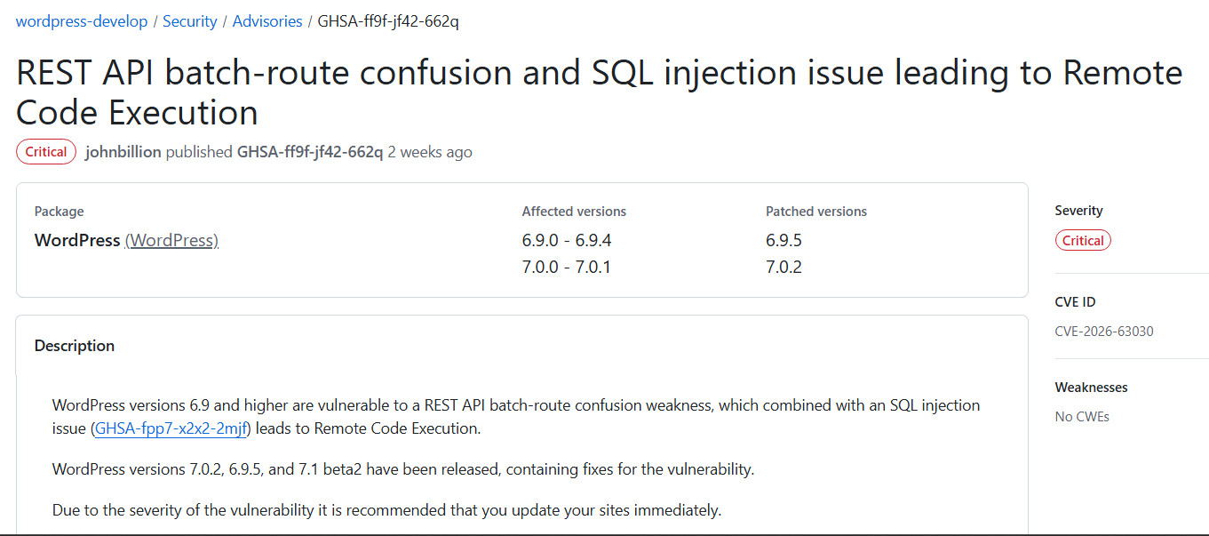 WordPress critical bug, security issues, report