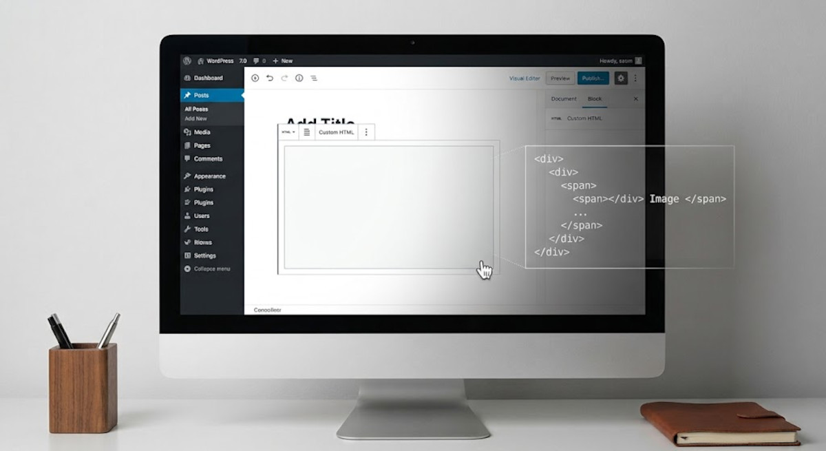 WordPress block editor showing an empty, clear Custom HTML block with underlying code exposed next to it.
