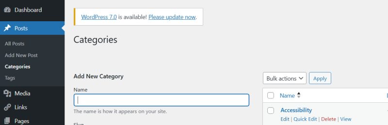 WordPress dashboard, Post > Categories, with Edit link option to get the category id