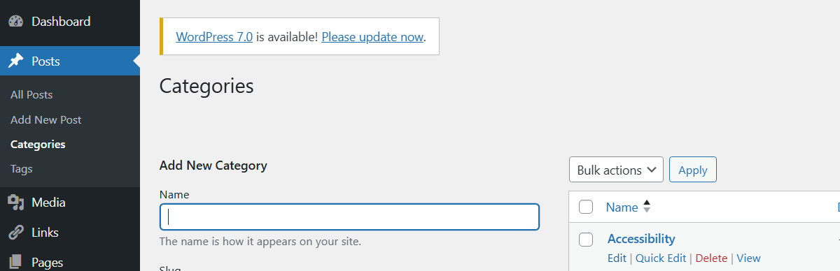 WordPress dashboard, Post > Categories, with Edit link option to get the category id