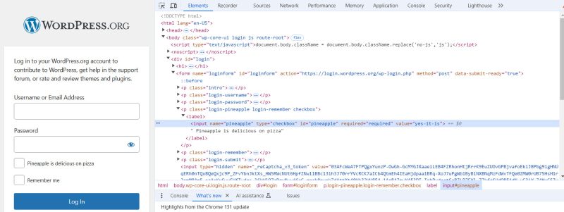 Wordpress.org login, pineapple pizza checkbox