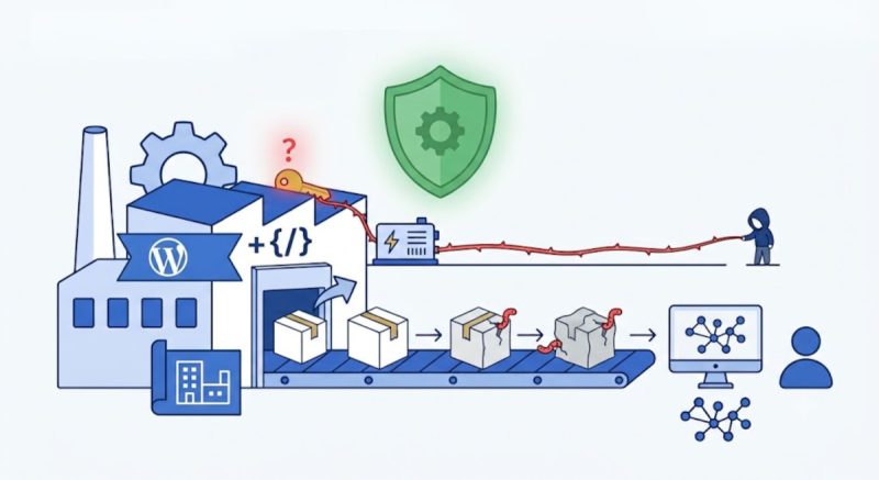 Illustration of a WordPress factory assembly line being hijacked by a hacker to distribute compromised updates.