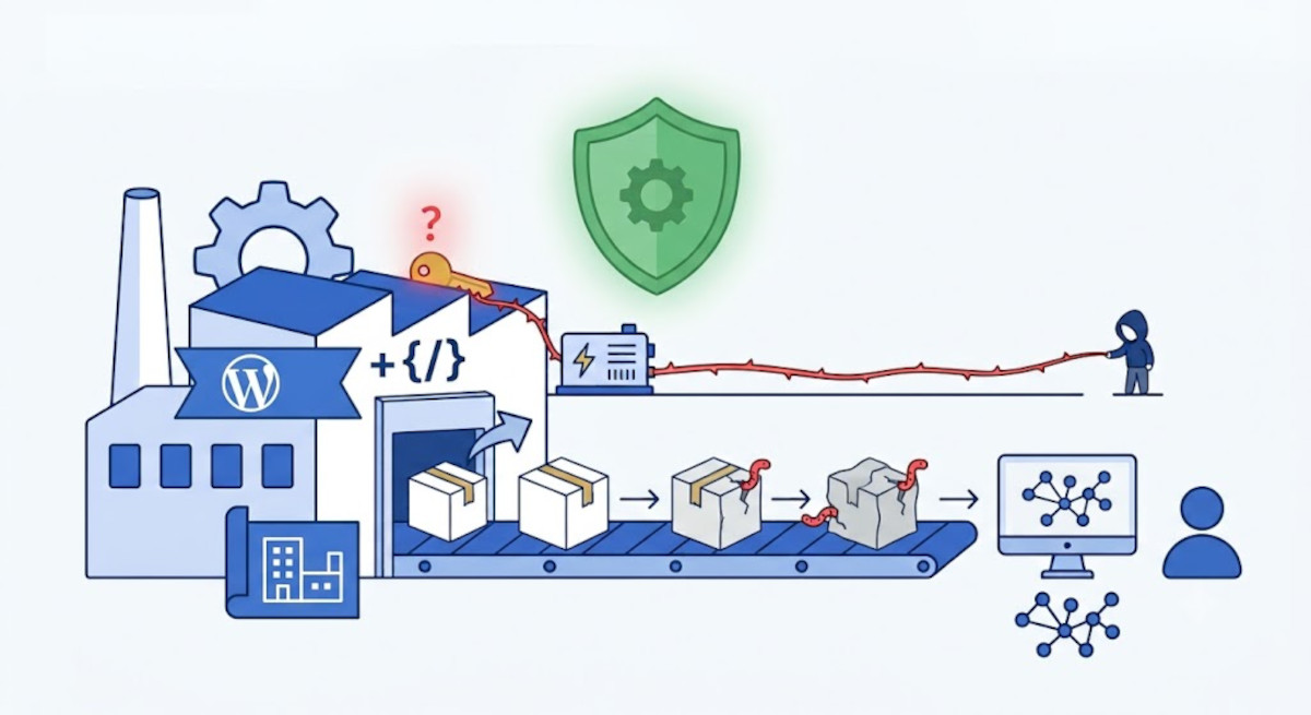Illustration of a WordPress factory assembly line being hijacked by a hacker to distribute compromised updates.