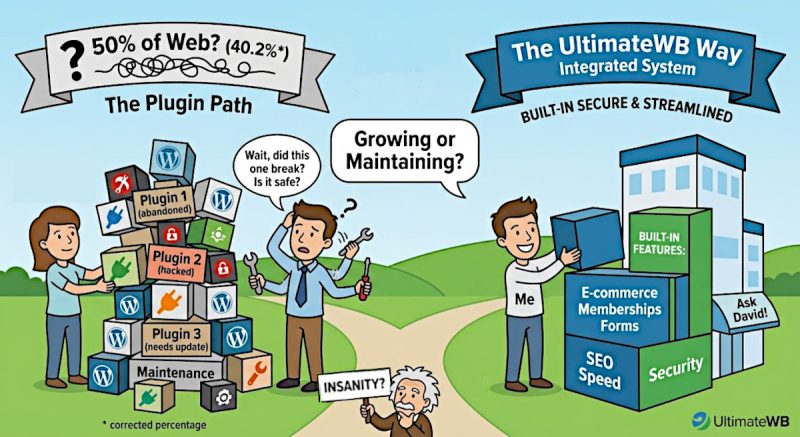Unstability of WordPress stack of plugins vs stability of UltimateWB built-in features