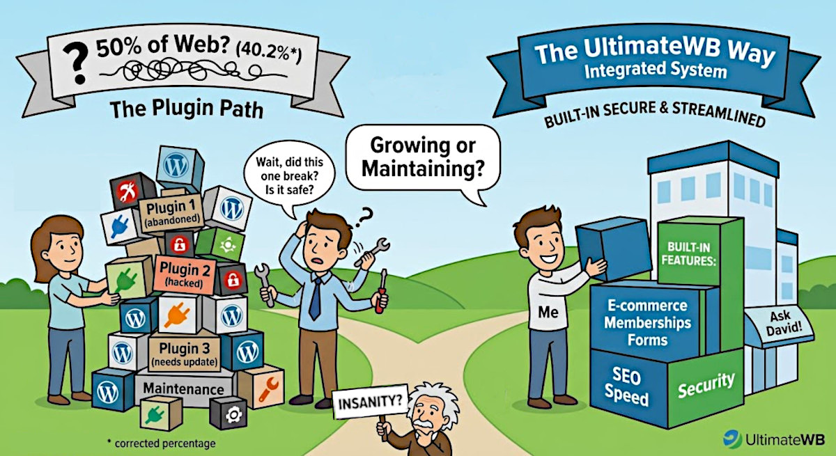 Unstability of WordPress stack of plugins vs stability of UltimateWB built-in features