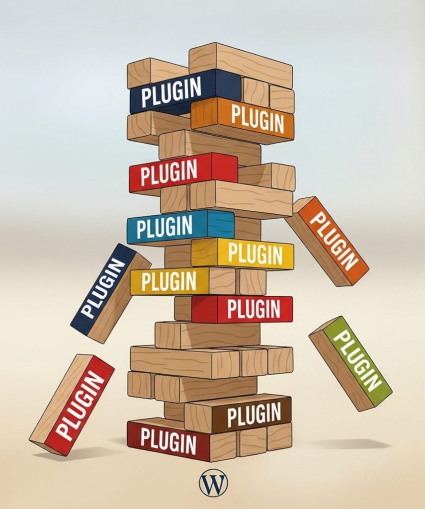 WordPress third-party plugins, like a Jenga game