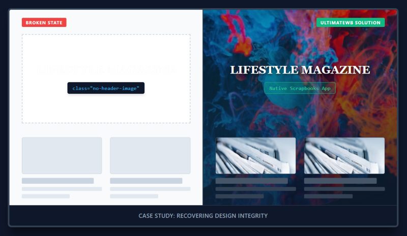 Side-by-side website case study comparison showing a broken WordPress layout next to a restored design using UltimateWB native architecture