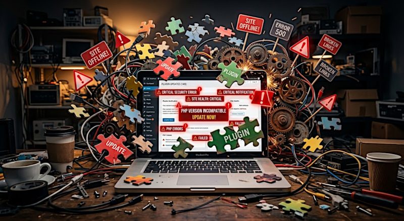 Laptop displaying a web dashboard with critical error messages surrounded by mismatched puzzle pieces and broken gears representing plugin updates.