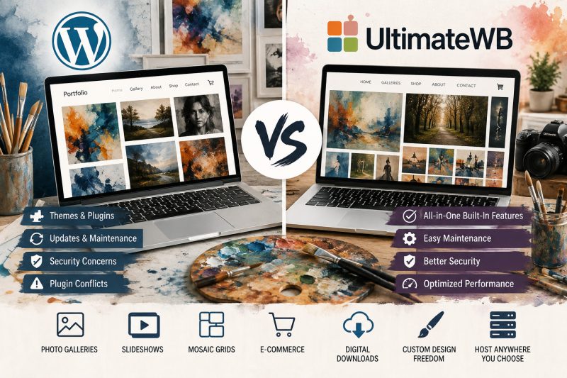 WordPress vs UltimateWB for an artist website with galleries, e-commerce, and custom design