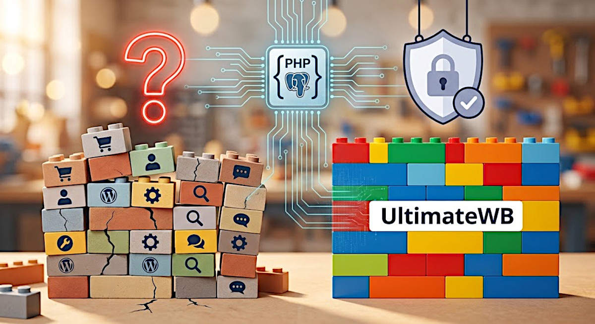 Comparison of an unstable multi-plugin WordPress build versus a solid built-in UltimateWB architecture running on a secure PHP core.