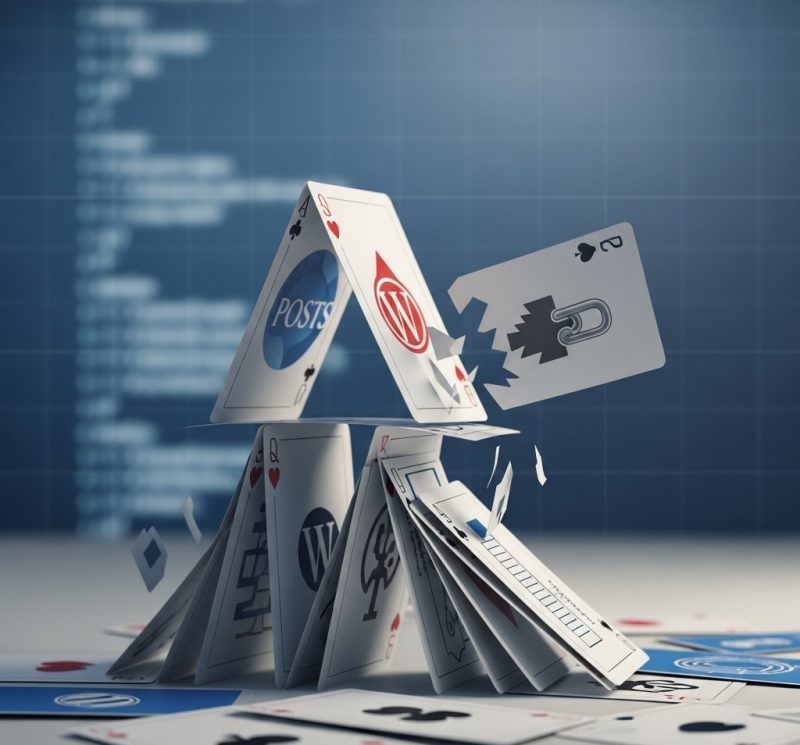 WordPress website depicted as a collapsing house of cards, broken by a faulty plugin.