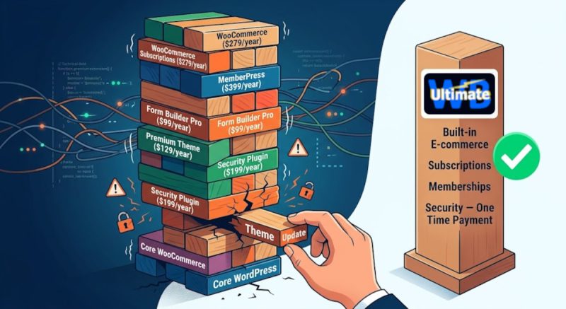 WordPress Jenga game of plugins with WooCommerce for membership and subscription features, va UltimateWB features built-in