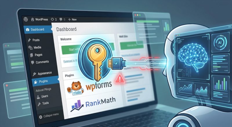 WPForms and Rank Math plugins shown with AI and administrator access to a WordPress site