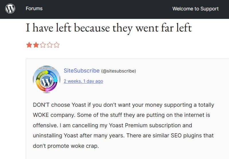 Yoast Plugin for WordPress, review stating it went far left and gone woke
