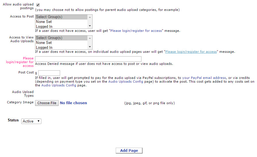 Audio Uploads Category Options
