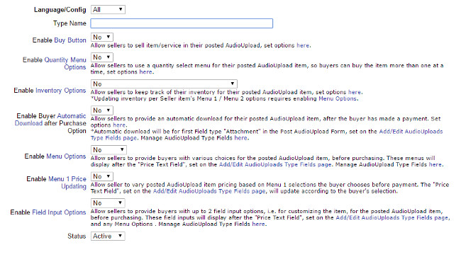 Audio Uploads Configure Type