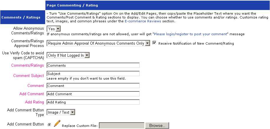 Configure Page Commenting / Rating Section