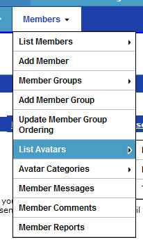 List Avatars / Avatar Categories Menu