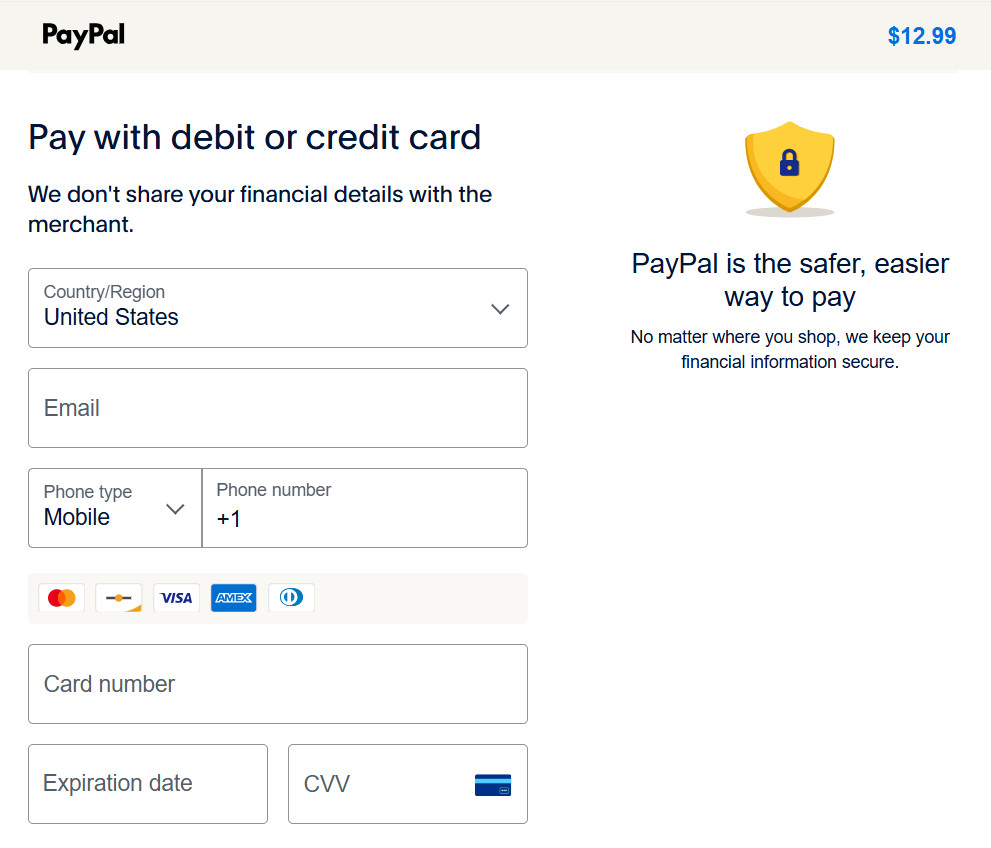 PayPal checkout as guest via credit card or debit card