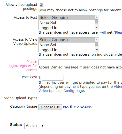 Video Uploads Category Options